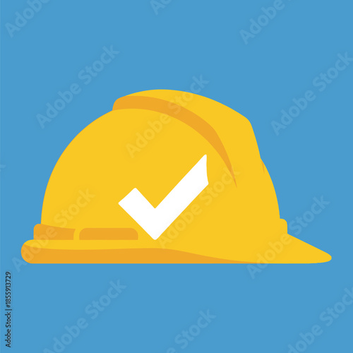 Yellow Hard Hat with White Checkmark Symbol on Blue Background