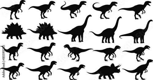 Silhouette dinosaur species collection in grid layout featuring Velociraptor, Stegosaurus, Brachiosaurus, Triceratops for educational and scientific use