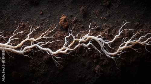 White hyphae stretch across the dark ground. Top view, sinuous mycelium line, granular lumps of soil, contrasting texture.