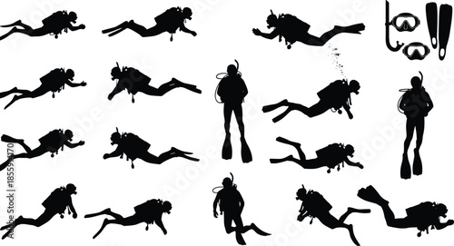 Scuba divers silhouette set with diving gear, underwater swimming poses, snorkel masks, fins, marine activity icons for training and design