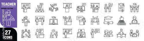 Teacher Line Icon Set for Classroom Teaching, Education, Lecture, and Learning