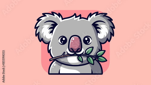 Charming Koala Cartoon Character Enjoying Eucalyptus Leaves.