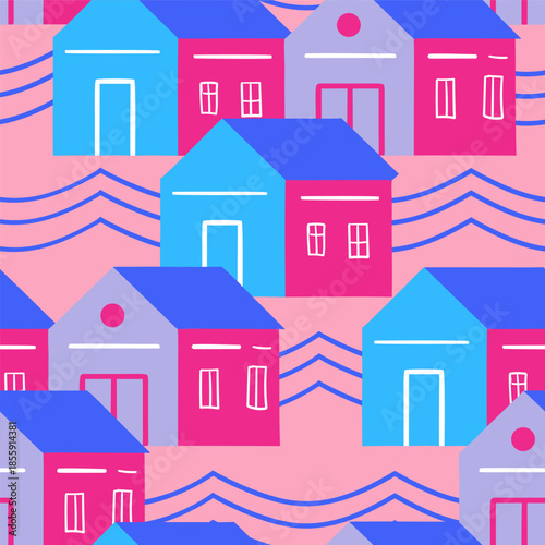 Pink and blue houses vector seamless pattern