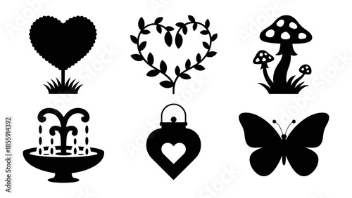 Silhouette Collection of Garden Elements: A collection of charming silhouette icons, showcasing a heart-shaped topiary, a floral heart wreath, mushrooms, a fountain, a lantern, and a butterfly.