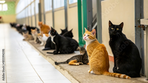 In a bustling corridor, a line of diverse, attentive cats sits patiently, each one showcasing unique colors, patterns, and personalities.
