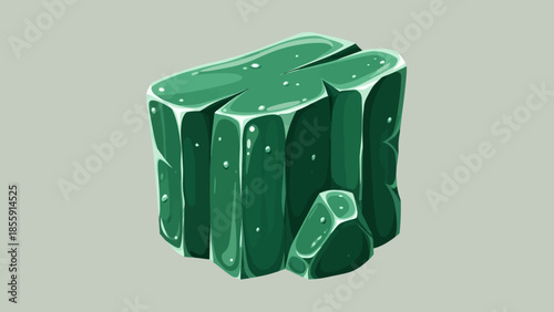 Stylized Green Crystal Block with Cracks and Small Fragment.