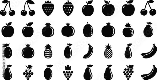 Black Silhouette Fruit Icons Collection Featuring Cherries, Apples, Bananas, Grapes, Pears, Lemons, Pineapples, Plums, and More for Design