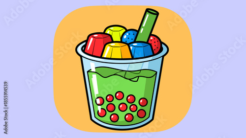 Colorful Bubble Tea with Jellies and Tapioca Pearls Illustration.