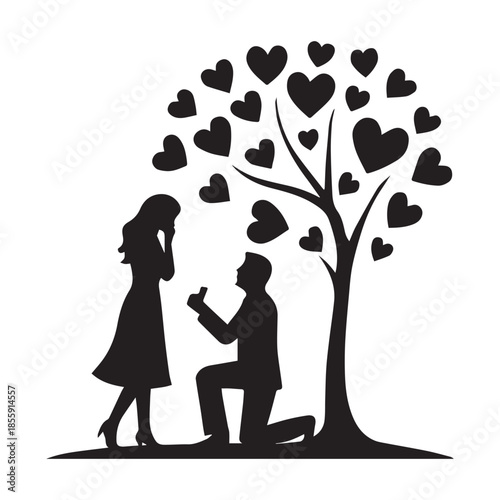 A romantic marriage proposal silhouette under a tree full of hearts expressing eternal love