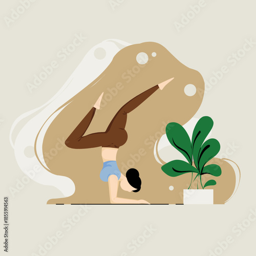 A flat vector illustration of a woman in a forearm stand yoga pose, wearing a blue top and brown leggings, against an abstract beige background with a potted plant.