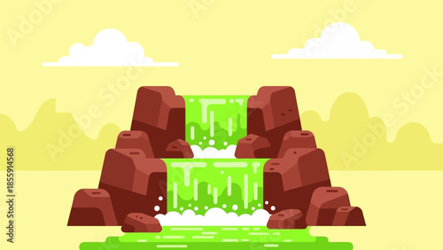 Cascading Waterfall Scene with Rocks and Lush Greenery Illustration.