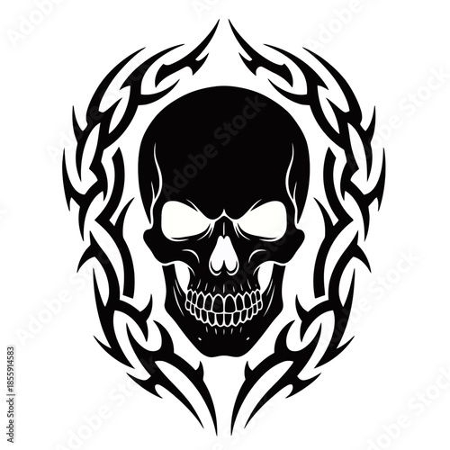 Black skull with glowing eyes framed by a tribal tattoo design, a striking graphic illustration.