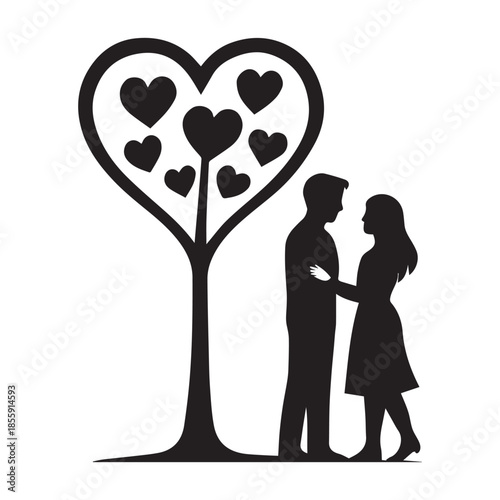 A romantic silhouette of a loving couple standing under a heart-shaped tree symbolizing enduring love