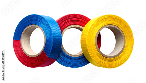 Three colorful rolls of ribbon, side-by-side, against a black background
