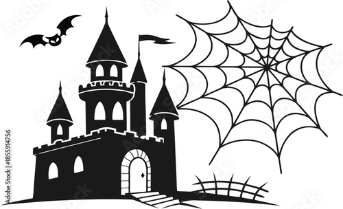 A fairytale medieval castle tower stands under a dark night sky in this fantasy vector illustration of a cartoon fortress and palace architecture