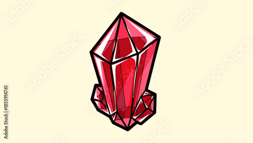 Illustration of a Red Crystal Cluster with Faceted Structure.