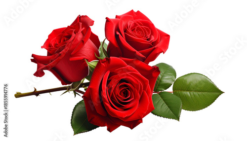 A close-up of three vibrant red roses with green leaves against a black background