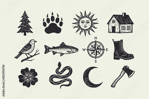 Retro Outdoor Adventure Graphics Collection: Nature, Wildlife, and Mystical Exploration Icons.