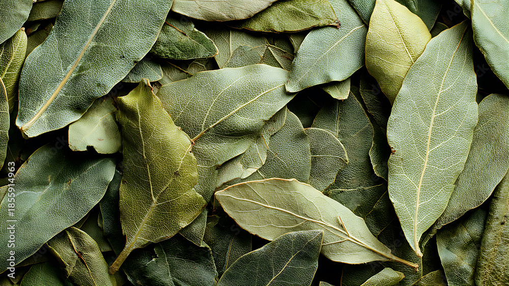 Fototapeta premium Dried bay leaf pieces forming a full spice texture, top-down organic pattern