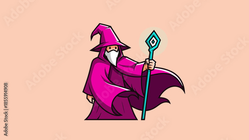 Cartoon Wizard Character with Staff and Purple Robe Illustration.