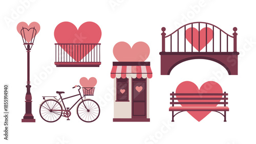 Love in the City: A romantic city scene, illustrated with a bicycle, park bench, street lamp, shop, balcony, and bridge, each adorned with a heart.