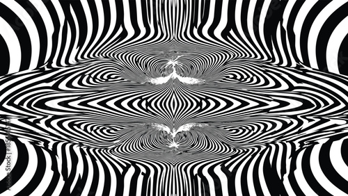 Black and white abstract optical illusion pattern with wavy concentric lines creating symmetrical vortex ripple effect for visual perception design