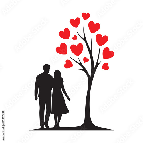 Romantic silhouette of a couple walking under a tree adorned with red hearts, symbolizing enduring love and companionship