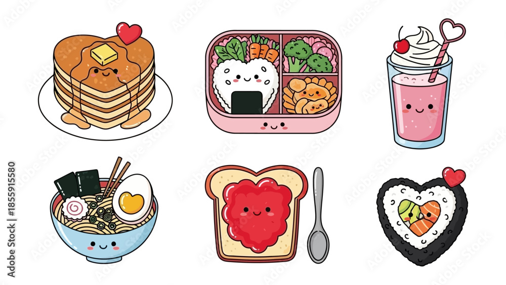 Φωτογραφία Cute Culinary Delights: A collection of heart-shaped treats including pancakes, sushi and a drink