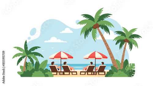 Modern vector illustration of people relaxing on tropical beach with palm trees and ocean, summer vacation lifestyle scene, ideal for travel and tourism content