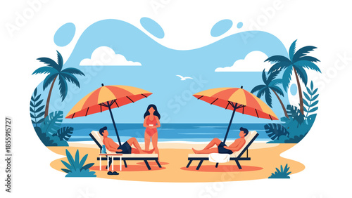 Modern vector illustration of people relaxing on tropical beach with palm trees and ocean, summer vacation lifestyle scene, ideal for travel and tourism content