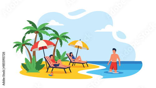 Modern vector illustration of people relaxing on tropical beach with palm trees and ocean, summer vacation lifestyle scene, ideal for travel and tourism content