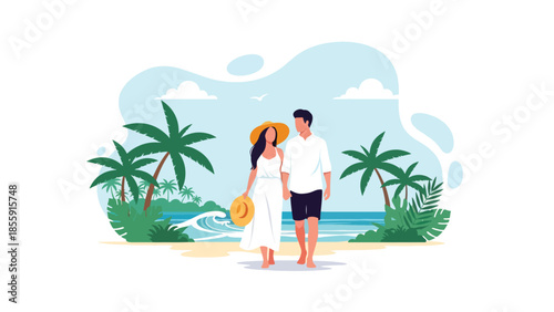 Modern vector illustration of couple walking along tropical shoreline with palm trees and waves, romantic vacation scene, ideal for travel and lifestyle designs