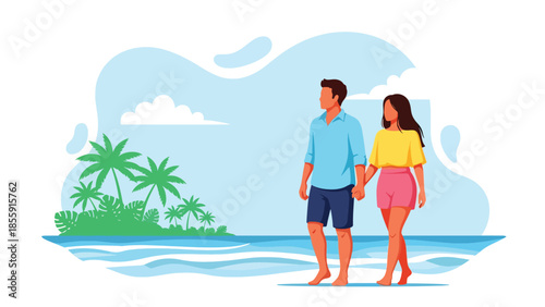 Modern vector illustration of couple walking along tropical shoreline with palm trees and waves, romantic vacation scene, ideal for travel and lifestyle designs