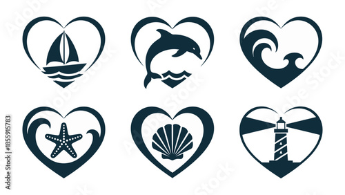 Oceanic Love Collection: A captivating set of six heart-shaped illustrations, each artfully depicting elements of the sea. Symbols of the ocean's allure. 