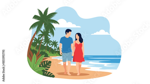 Modern vector illustration of couple walking along tropical shoreline with palm trees and waves, romantic vacation scene, ideal for travel and lifestyle designs
