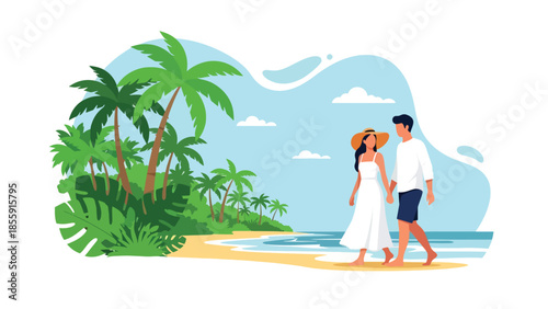 Modern vector illustration of couple walking along tropical shoreline with palm trees and waves, romantic vacation scene, ideal for travel and lifestyle designs