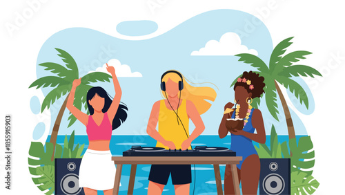 Modern vector illustration of friends enjoying tropical beach party with music and palm trees, fun summer vacation scene, ideal for travel promotions