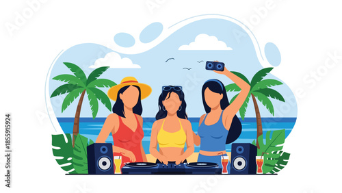 Modern vector illustration of friends enjoying tropical beach party with music and palm trees, fun summer vacation scene, ideal for travel promotions