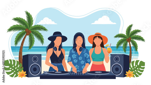 Modern vector illustration of friends enjoying tropical beach party with music and palm trees, fun summer vacation scene, ideal for travel promotions