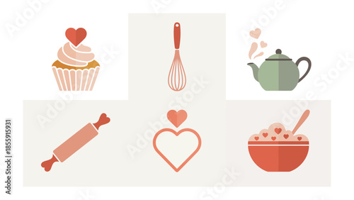 Culinary Delight: An array of charming baking elements with heart motifs, including a cupcake, whisk, teapot, rolling pin, heart-shaped outline, and a bowl of deliciousness.