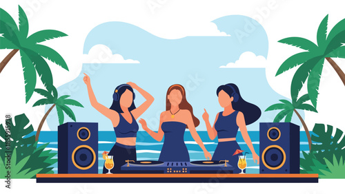 Modern vector illustration of friends enjoying tropical beach party with music and palm trees, fun summer vacation scene, ideal for travel promotions
