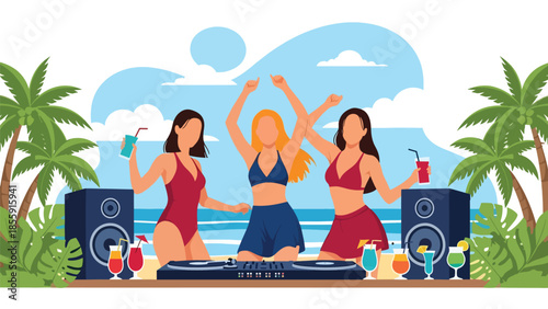 Modern vector illustration of friends enjoying tropical beach party with music and palm trees, fun summer vacation scene, ideal for travel promotions