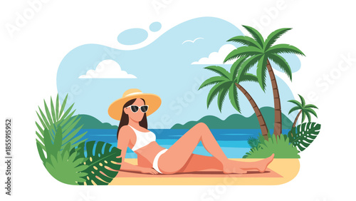 Modern vector illustration of woman sunbathing on tropical beach with ocean and palm trees, summer holiday relaxation scene, ideal for travel visuals