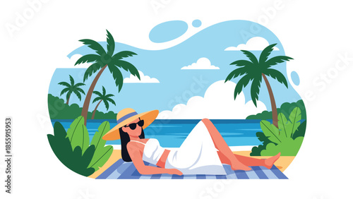 Modern vector illustration of woman sunbathing on tropical beach with ocean and palm trees, summer holiday relaxation scene, ideal for travel visuals