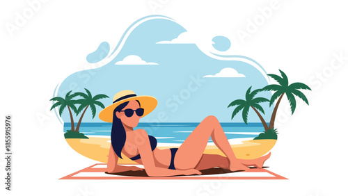 Modern vector illustration of woman sunbathing on tropical beach with ocean and palm trees, summer holiday relaxation scene, ideal for travel visuals