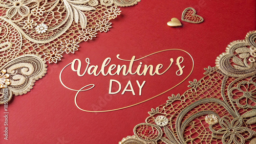 A luxurious and romantic overhead view featuring the text 'Valentine's Day' written in elegant script over a rich red textured background. The corners are adorned with intricate gold and beige lace pa