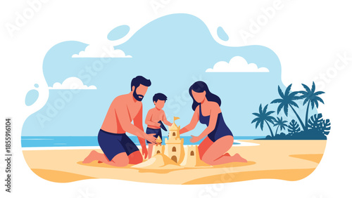 Modern vector illustration of family building sandcastle on tropical beach with palm trees, joyful summer vacation scene, ideal for family travel content