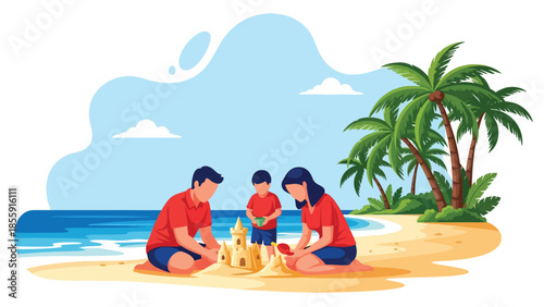 Modern vector illustration of family building sandcastle on tropical beach with palm trees, joyful summer vacation scene, ideal for family travel content