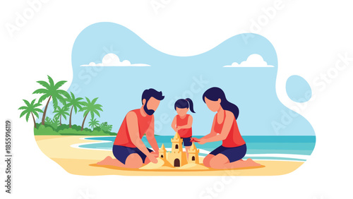 Modern vector illustration of family building sandcastle on tropical beach with palm trees, joyful summer vacation scene, ideal for family travel content
