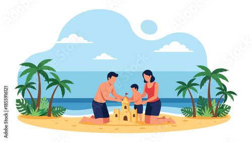 Modern vector illustration of family building sandcastle on tropical beach with palm trees, joyful summer vacation scene, ideal for family travel content
